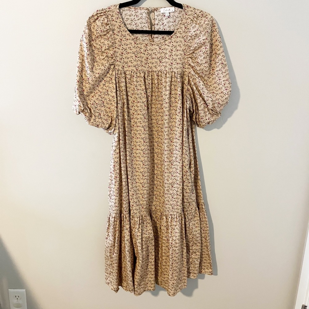 Calista Floral Cotton Puff Sleeve Midi Dress Prairie Cottagecore medium/large